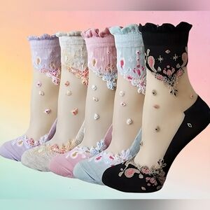 Floral Embroidered Sheer Lace Ankle Socks Pastel Cute Ruffle Trim OS NWOT